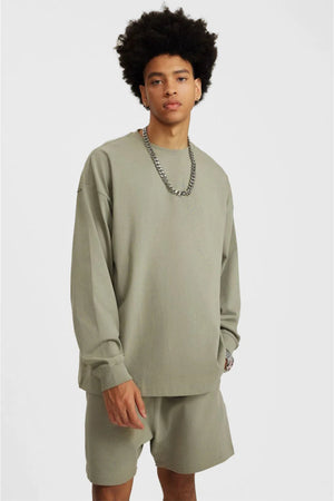 Long Sleeve Oversized T-Shirt 100% Cotton - GRAYISH GREEN