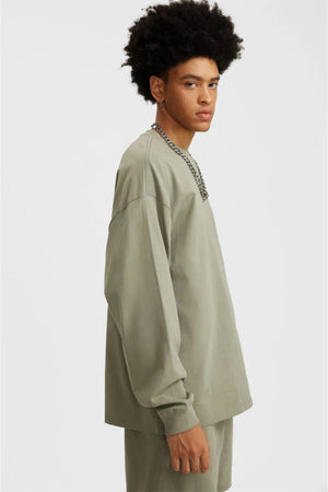 Long Sleeve Oversized T-Shirt 100% Cotton - GRAYISH GREEN